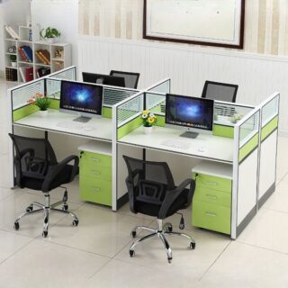 4-Person Office Workstation Desk with four individual workstations, partition panels for privacy, and a modern, durable design for a collaborative office environment.