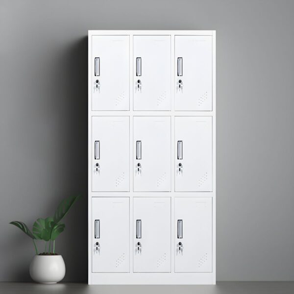 Office 9-Locker Steel Cabinet with nine secure lockers, each with its own lock, providing efficient storage and privacy in a sleek, modern design.