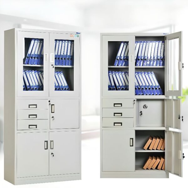 Office Steel Cabinet with Safe, featuring adjustable shelves and a secure locking mechanism for storing documents and valuables safely.