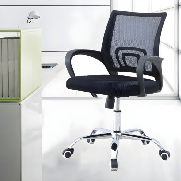 Office Swivel Clerical Chair with adjustable height, cushioned seat, and fixed armrests in a modern office setting.