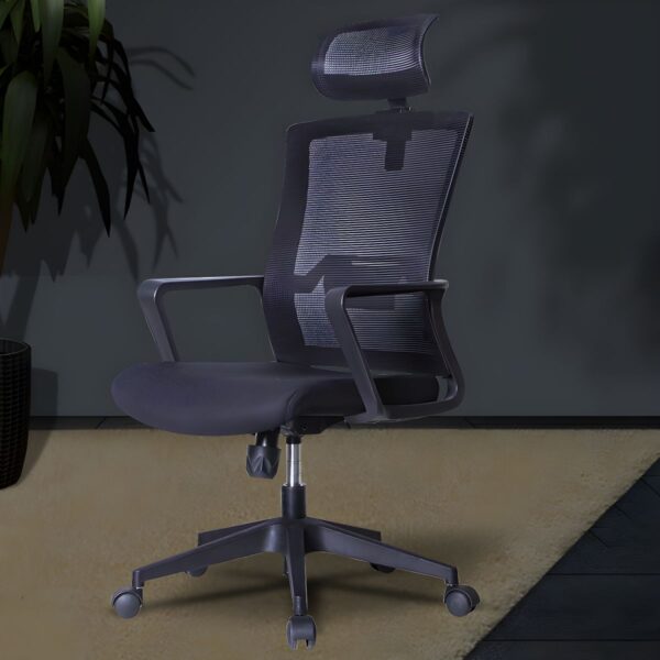 An ergonomic office chair with a breathable mesh back, fixed arms, and adjustable height, designed for comfort and support during long hours of sitting.