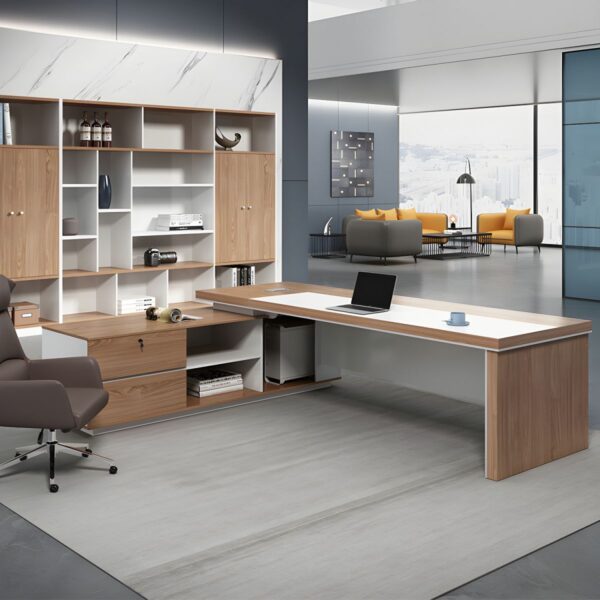 Office L-Shape Executive Desk with spacious work surface, storage drawers, and sleek wood finish in a modern office environment.