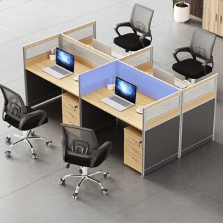 Office 4-Way Modular Workstation with four separate workspaces and an unfinished color top, designed for teamwork and efficiency.