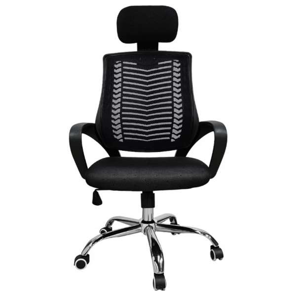 Office Mesh Headrest Chair with adjustable height, breathable mesh backrest, padded seat, and ergonomic design, offering comfort and support for extended use.